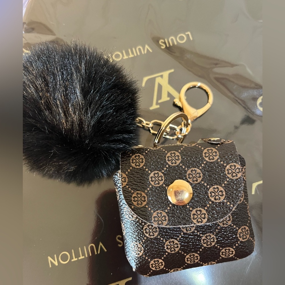 Designer-Inspired Ear Bud Pouch and Black Pom Pom Keychain